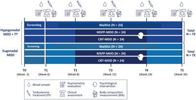 Evaluation of a male-specific psychotherapeutic program for major depressive disorder compared to cognitive behavioral therapy and waitlist: study protocol for a six-arm randomized clinical superiority trial examining depressed eugonadal and hypogonadal men receiving testosterone